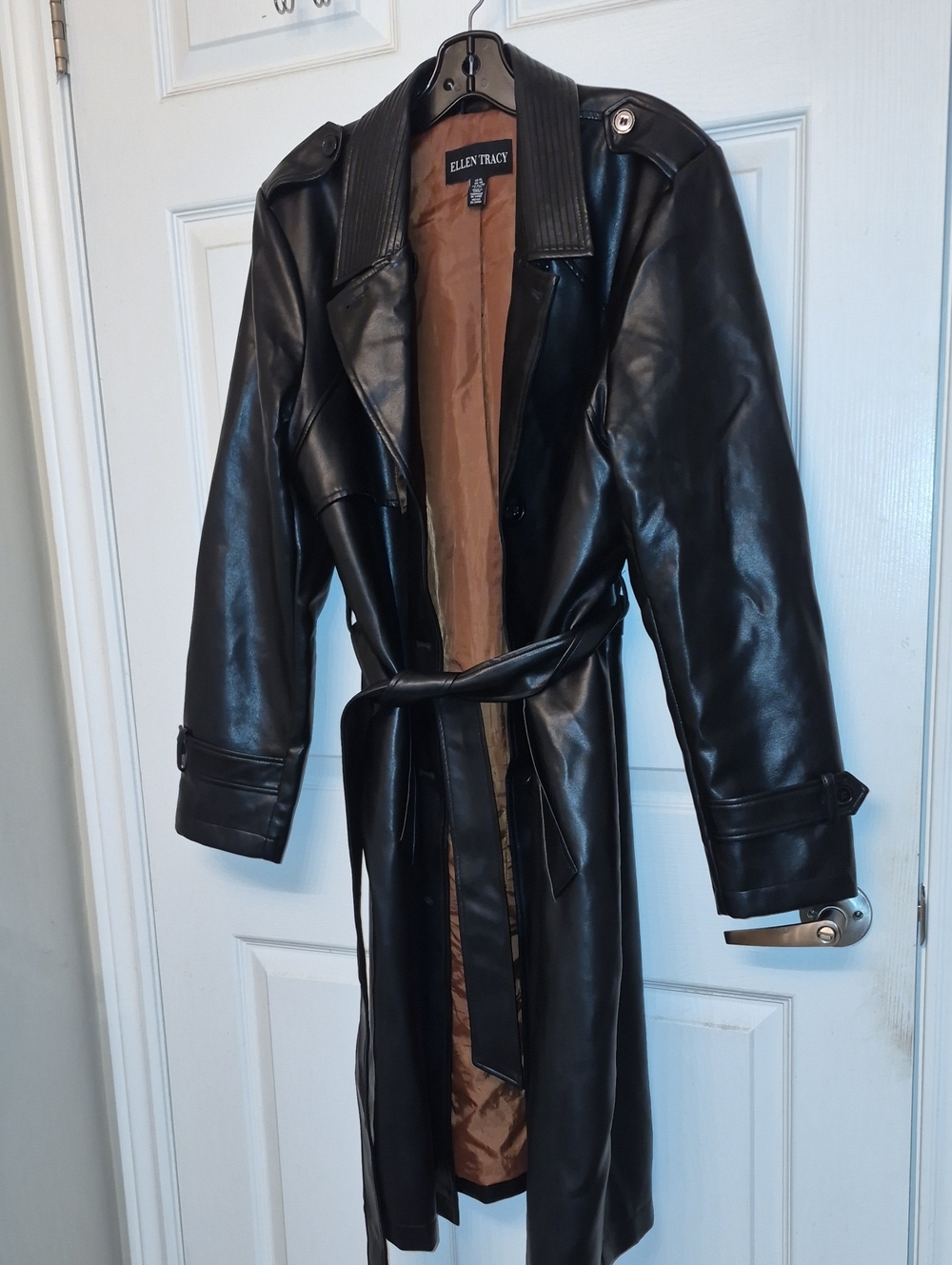 Ellen Tracy Black Faux Leather Trench Coat XL